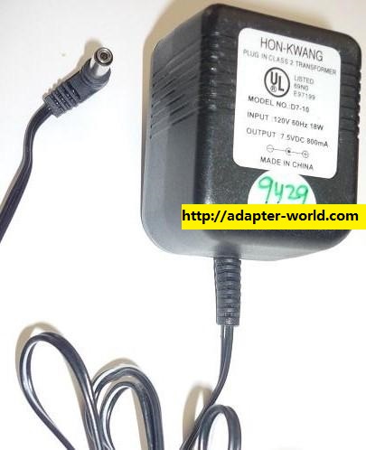 NEW HON-KWANG 7.5VDC 800mA USED -(+) 1.7x5.5x12mm 90° ROUND BARREL D7-10 AC ADAPTER POWER SUPPLY